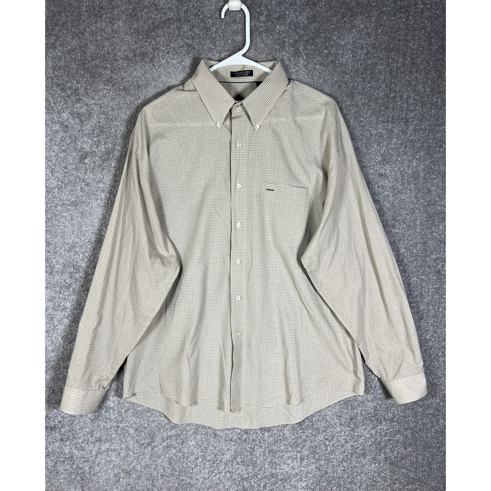Van Heusen Button Down Dress Shirt Mens Sz L Tan Windowpane Wrinkle & Stain Free
